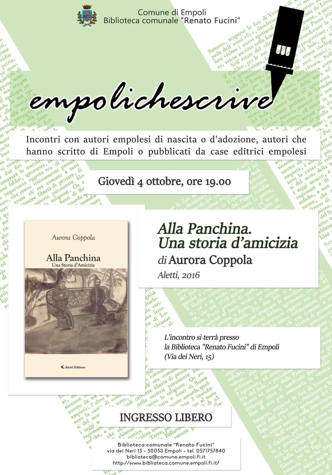 Cartolina di invito alla presentazione del libro "Alla panchina"